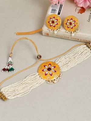 Yellow meenakari pearl choker jewellery set 1