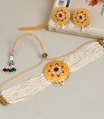 Yellow meenakari pearl choker jewellery set