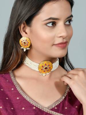 Yellow meenakari pearl choker jewellery set 2