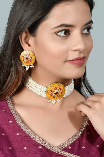 Yellow meenakari pearl choker jewellery set