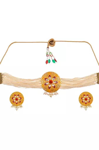 Yellow meenakari pearl choker jewellery set