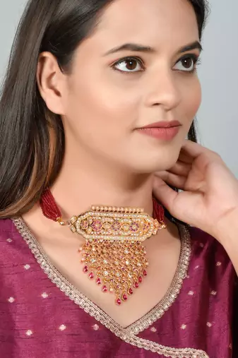 Gold plated ethnic meenakari layered choker necklace