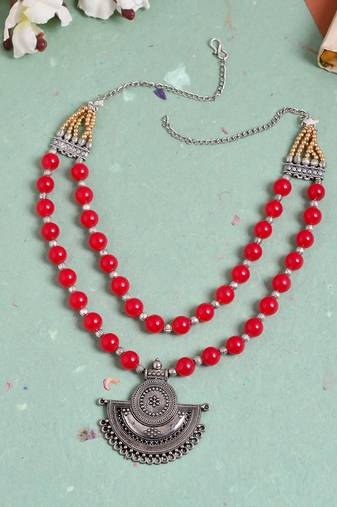 Layered statement beads necklace with silver plated pendant