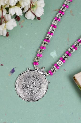 Pink beads statement silver plated necklace