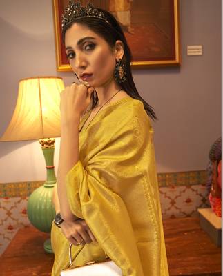 Yellow Nyloan Satin Woven Designer Saree With Blouse For Women  2