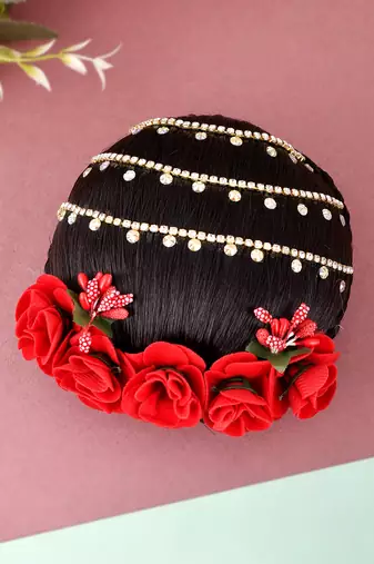 Women black & red beaded traditional wedding hair bun