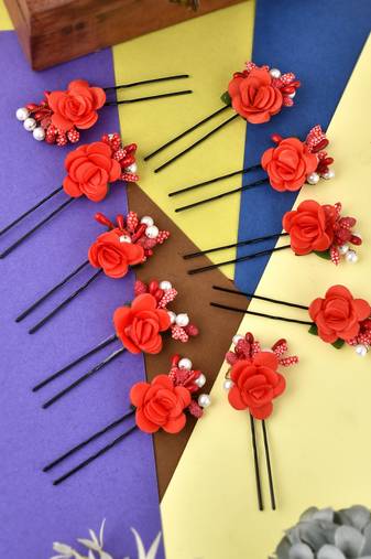 Set of 10 women red flower embellished beaded u pins