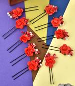 Set of 10 women red flower embellished beaded u pins