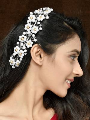 Women white toned embellished pearl beadedwomen white toned embellished pearl beaded hair accessory set 2