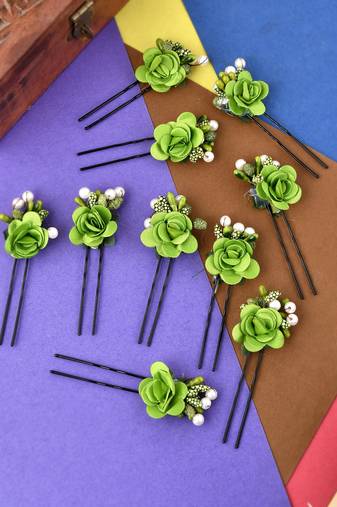 Set of 10 women green flower embellished beaded u pins