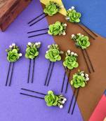 Set of 10 women green flower embellished beaded u pins