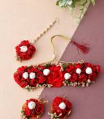 Traditional bridal red floral embellished flower jewellery set with maang tikka