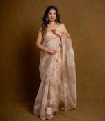 Golden ecru floral play organza saree with blouse