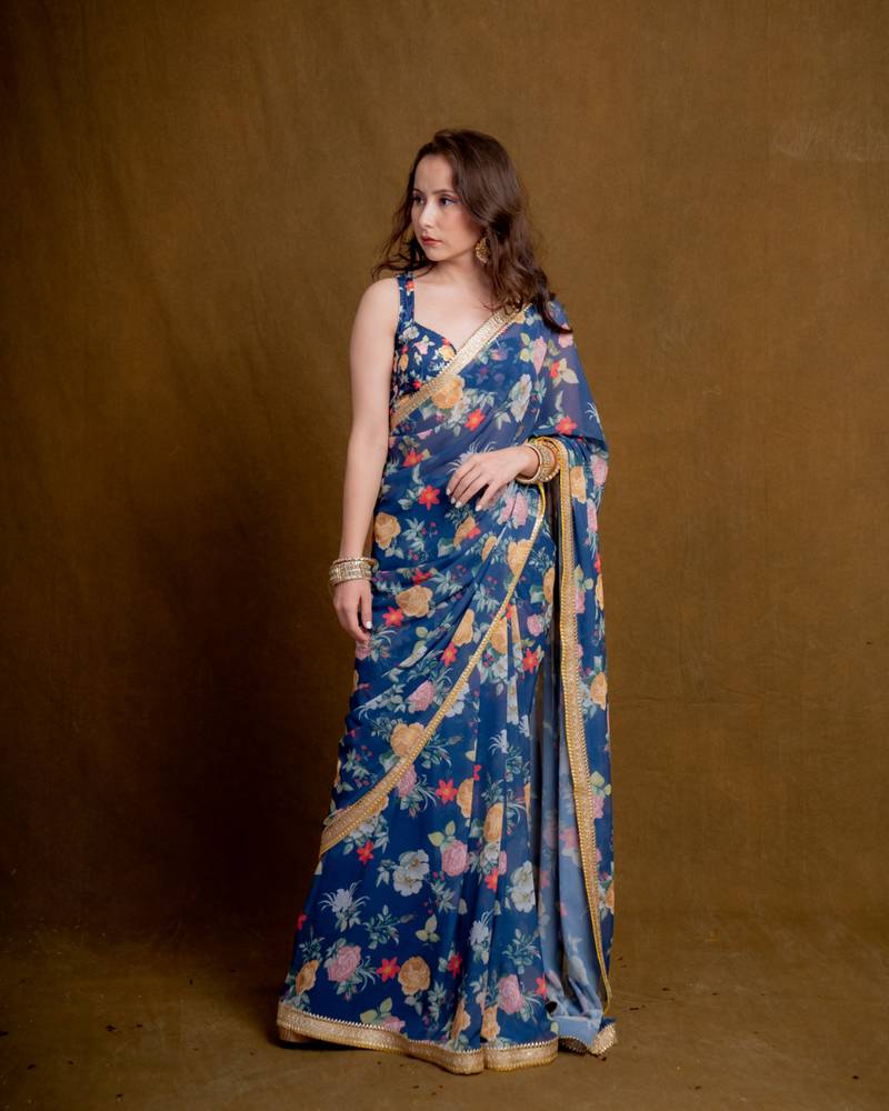 Navy gardenia georgette saree with blouse