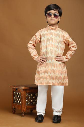 Orange Floral Cotton Jacquard Kurta Pajama Set for Boys Ethnic Wear