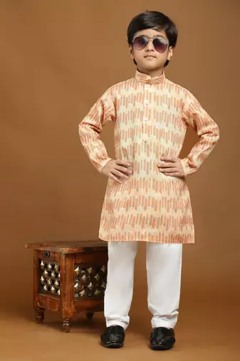 Orange Floral Cotton Jacquard Kurta Pajama Set for Boys Ethnic Wear