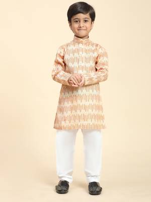 Orange Floral Cotton Jacquard Kurta Pajama Set for Boys Ethnic Wear 2