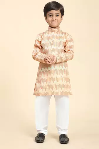 Orange Floral Cotton Jacquard Kurta Pajama Set for Boys Ethnic Wear