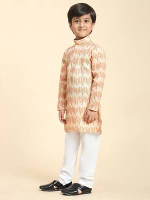 Orange Floral Cotton Jacquard Kurta Pajama Set for Boys Ethnic Wear 3