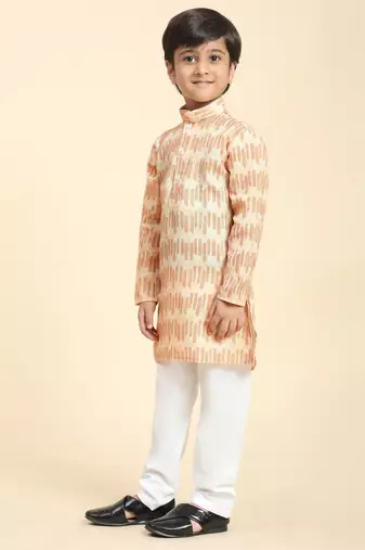 Orange Floral Cotton Jacquard Kurta Pajama Set for Boys Ethnic Wear