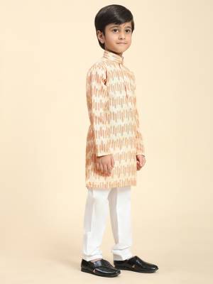 Orange Floral Cotton Jacquard Kurta Pajama Set for Boys Ethnic Wear 4