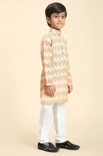 Orange Floral Cotton Jacquard Kurta Pajama Set for Boys Ethnic Wear