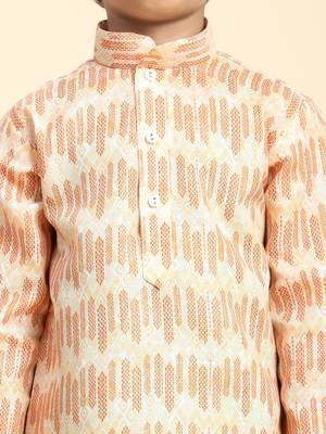 Orange Floral Cotton Jacquard Kurta Pajama Set for Boys Ethnic Wear 5