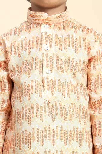Orange Floral Cotton Jacquard Kurta Pajama Set for Boys Ethnic Wear