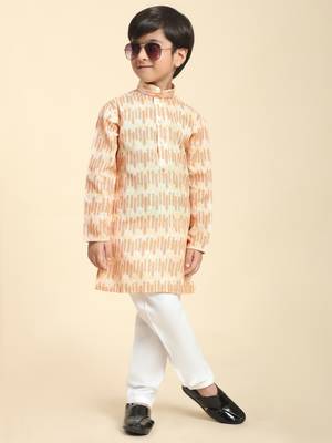 Orange Floral Cotton Jacquard Kurta Pajama Set for Boys Ethnic Wear 6