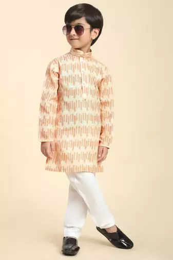 Orange Floral Cotton Jacquard Kurta Pajama Set for Boys Ethnic Wear