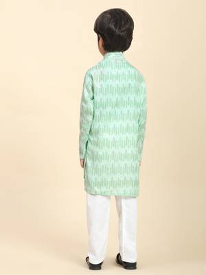 Green Floral Cotton Jacquard Kurta Pajama Set for Boys Ethnic Wear 1