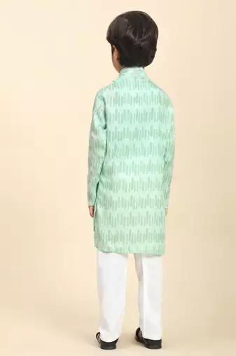 Green Floral Cotton Jacquard Kurta Pajama Set for Boys Ethnic Wear