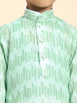 Green Floral Cotton Jacquard Kurta Pajama Set for Boys Ethnic Wear 2