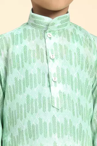 Green Floral Cotton Jacquard Kurta Pajama Set for Boys Ethnic Wear