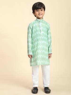 Green Floral Cotton Jacquard Kurta Pajama Set for Boys Ethnic Wear 3
