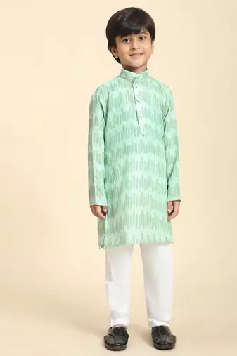 Green Floral Cotton Jacquard Kurta Pajama Set for Boys Ethnic Wear