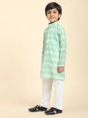Green Floral Cotton Jacquard Kurta Pajama Set for Boys Ethnic Wear 4