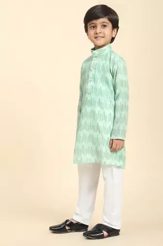 Green Floral Cotton Jacquard Kurta Pajama Set for Boys Ethnic Wear