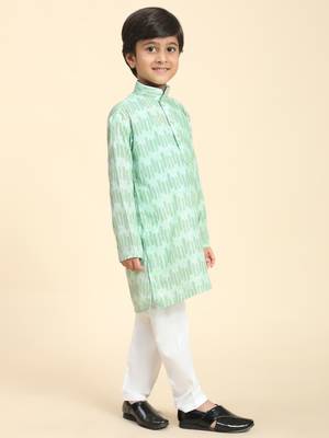 Green Floral Cotton Jacquard Kurta Pajama Set for Boys Ethnic Wear 5