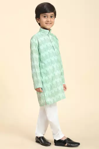 Green Floral Cotton Jacquard Kurta Pajama Set for Boys Ethnic Wear