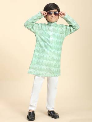 Green Floral Cotton Jacquard Kurta Pajama Set for Boys Ethnic Wear 6