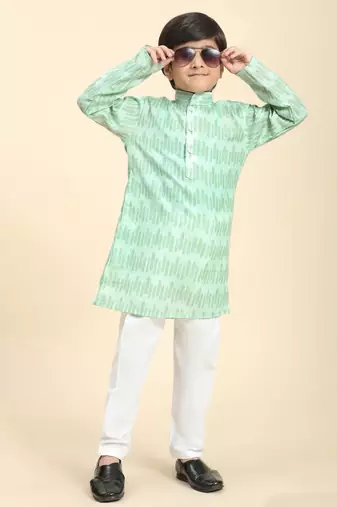 Green Floral Cotton Jacquard Kurta Pajama Set for Boys Ethnic Wear