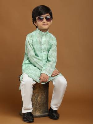 Green Floral Cotton Jacquard Kurta Pajama Set for Boys Ethnic Wear 7