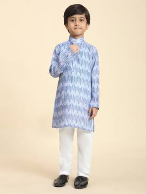 Blue Blue Floral Cotton Jacquard Kurta Pajama Set for Boys Ethnic Wear 1