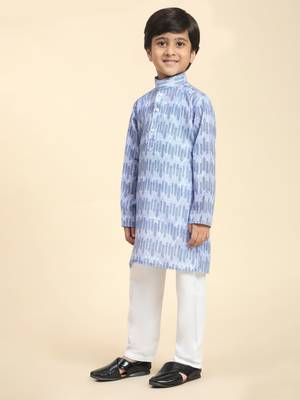 Blue Blue Floral Cotton Jacquard Kurta Pajama Set for Boys Ethnic Wear 2
