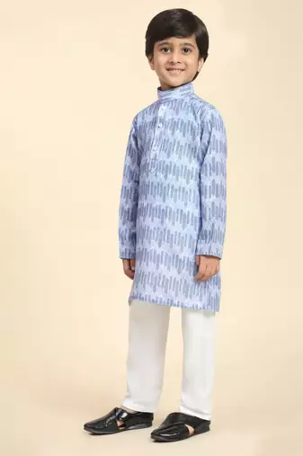 Blue Blue Floral Cotton Jacquard Kurta Pajama Set for Boys Ethnic Wear