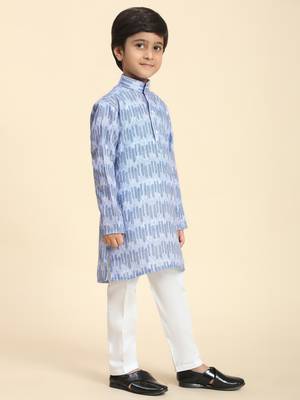 Blue Blue Floral Cotton Jacquard Kurta Pajama Set for Boys Ethnic Wear 3