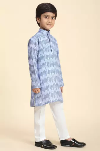 Blue Blue Floral Cotton Jacquard Kurta Pajama Set for Boys Ethnic Wear