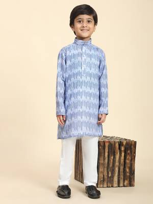 Blue Blue Floral Cotton Jacquard Kurta Pajama Set for Boys Ethnic Wear 4