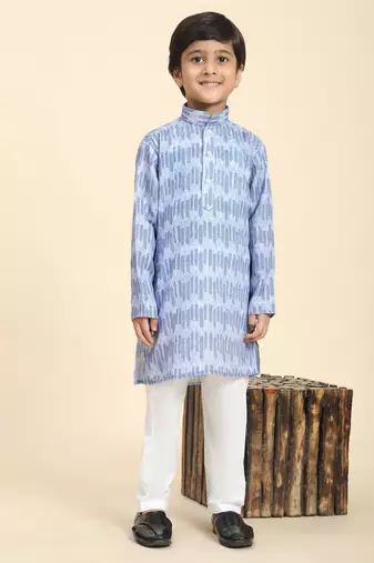Blue Blue Floral Cotton Jacquard Kurta Pajama Set for Boys Ethnic Wear